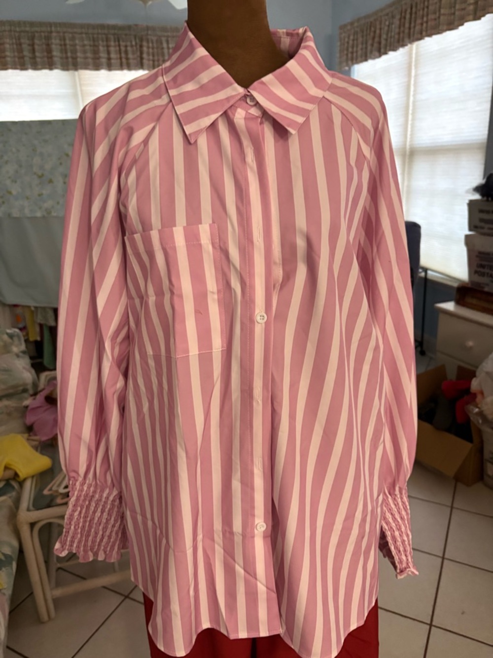 Pink and White Vertical Stripe Button-Up Shirt
